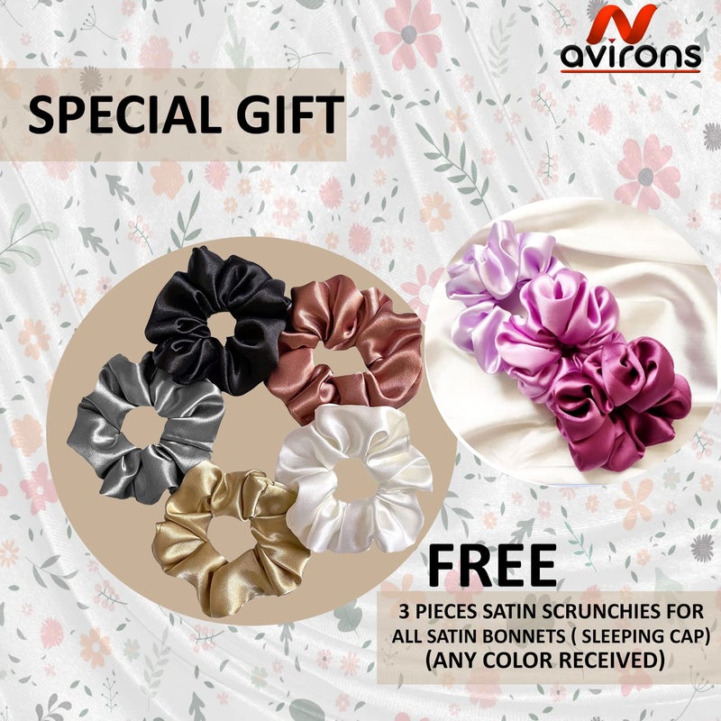 Avirons Satin Silk Hair Bonnet Cap with Hair Scrunchies |Pack of 2 Silk Head Cap for Sleeping for All Type Hair| 3 Piece Hair Scrunchies| Fully Reversible Pure Satin Hair Bonnet Sleep Cap - Image 5
