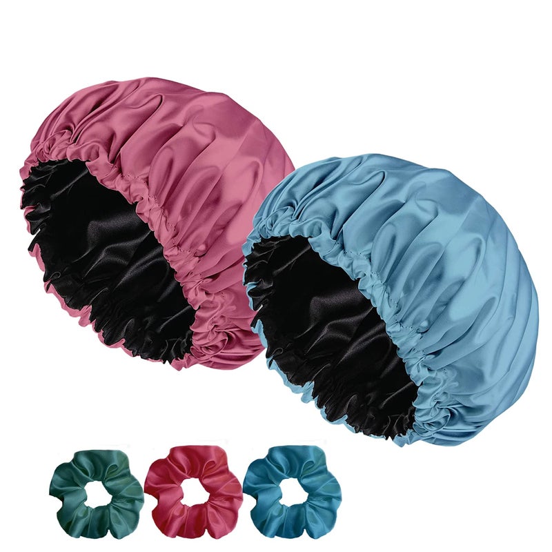 Avirons Satin Silk Hair Bonnet Cap with Hair Scrunchies |Pack of 2 Silk Head Cap for Sleeping for All Type Hair| 3 Piece Hair Scrunchies| Fully Reversible Pure Satin Hair Bonnet Sleep Cap - Image 1