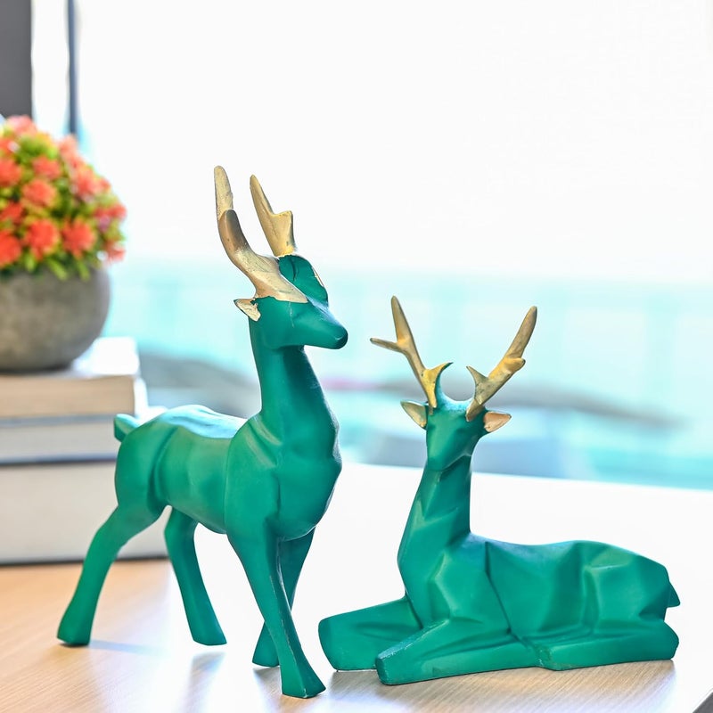 ZAICUS Set of 2 Deer Resin Showpieces | Exquisite Hiran Statues for Home and Office Décor, Nature-Inspired Art Pieces, Ideal Gift for Nature Lovers, Family, and Friends (Green) - Image 1