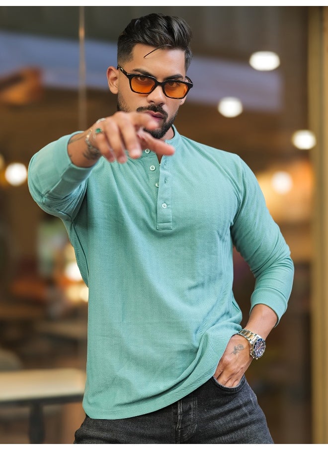 Maniac Mens Solid Textured Henly Neck Full Sleeve Berly Green Slim Fit T-Shirt  - Image 3