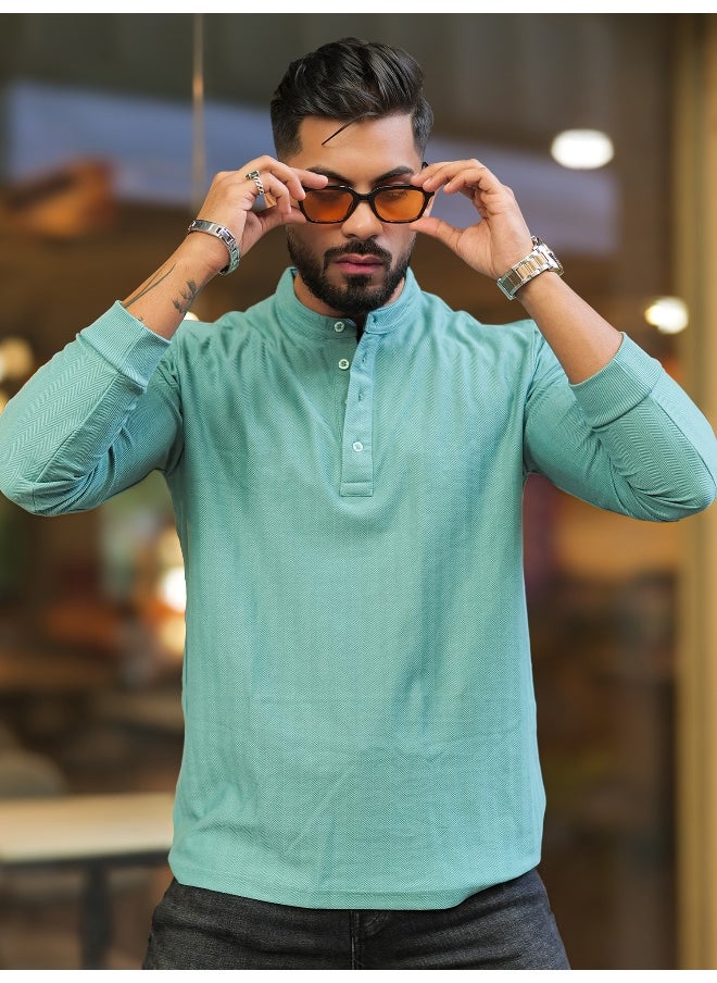 Maniac Mens Solid Textured Henly Neck Full Sleeve Berly Green Slim Fit T-Shirt  - Image 4