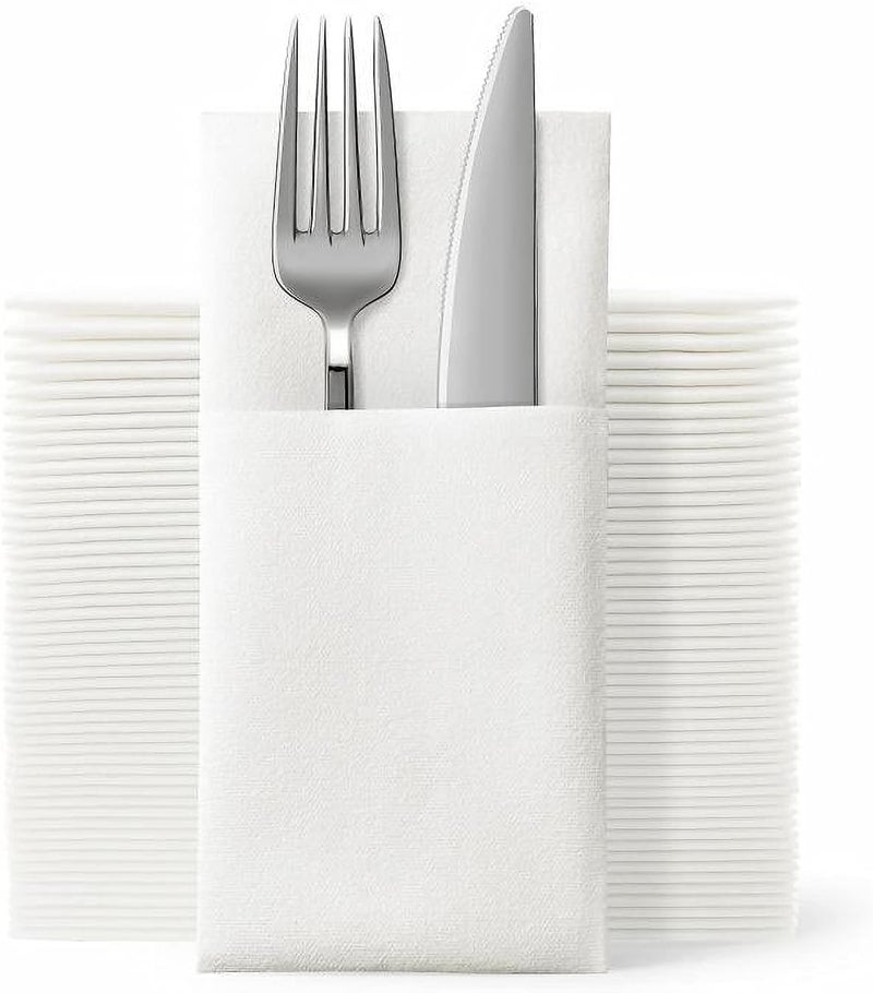 Jebblas Disposable Cloth Like Napkins, Built-in Flatware Pocket, Wedding Party Linen Feel White Napkin, Prefolded for Silverware,150 Count (150 Pack) - Image 1
