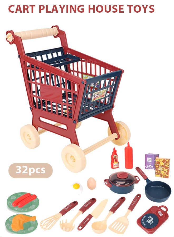 32pcs Kids Shopping Cart,Kitchen toy set,Durable Pretend Play Kitchen Toys for Toddler,toys for girls Play House Kitchen Toys For Kids,Kitchenware and toy set with flat bottomed pan, seasoning, food and other accessories Girl boy shopping cart toys - Image 1