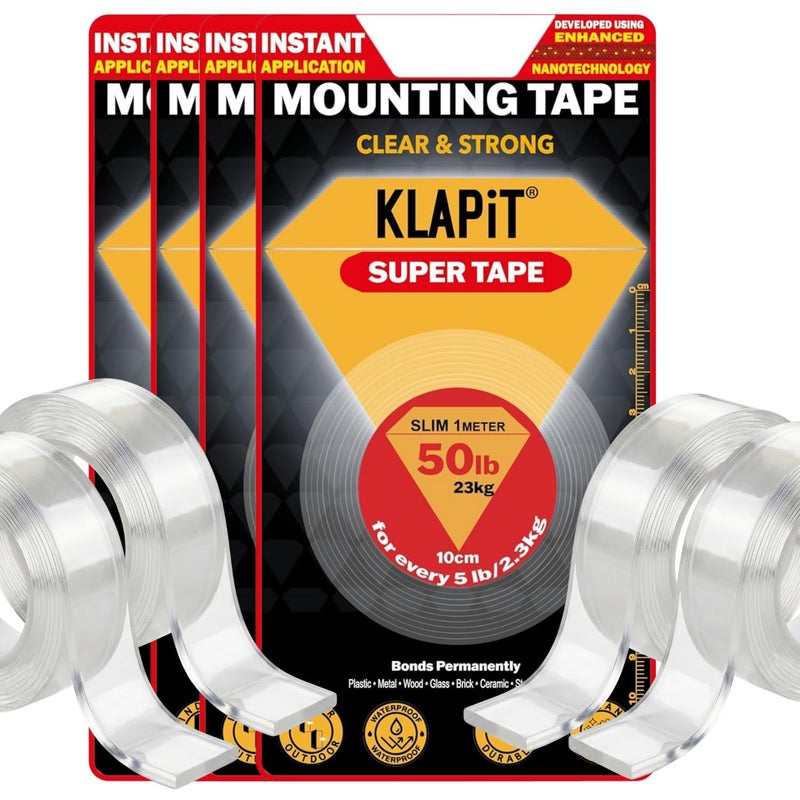 KLAPiT SUPER TAPE Double Sided Tape Heavy Duty Mounting Tape Holds 50 Pounds or 23Kg Weight Using Enhanced Nano Technology. Clear Tape for Wall, Wood, Tile, Stone, Glass, Metal and Acrylic (4 pc pack) - Image 1