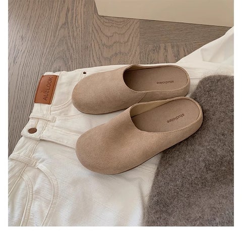 Grape Mom Autumn New Genuine Leather Row Style Soft Face Lazy One Pedal Thick Bottom Big Head Burkenite Shoes Half Slippers for Women P9758 milk tea