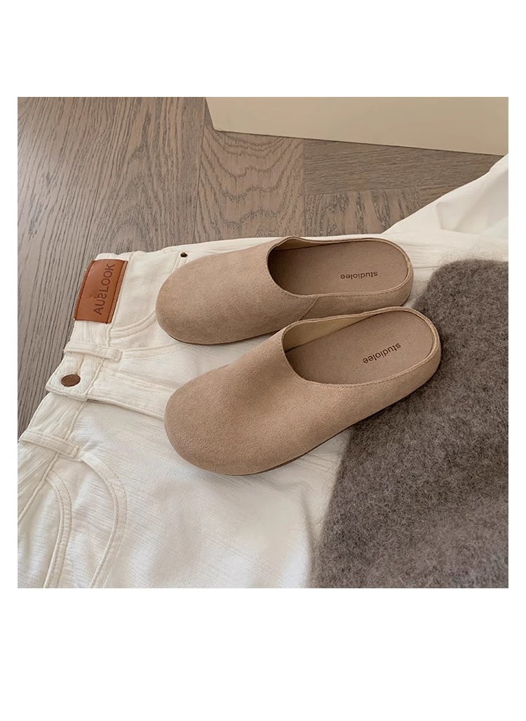 Generic - Grape Mom Autumn New Genuine Leather Row Style Soft Face Lazy One Pedal Thick Bottom Big Head Burkenite Shoes Half Slippers for Women P9758 milk tea - Image 1