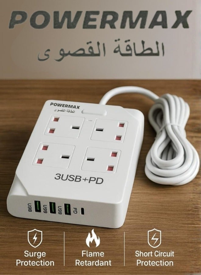 PowerMax 3 Meter Power Strips Extension Cord,4 Sockets Universal Plug Adapter with 3Meter Bold Extension Cable With 3USB Ports And 1PD Type-C Power Extension Board, 10A 2500W, Fireproof ABS, Extension Cable, Extension Socket For Home ,Office ,Kitchen ,Travel And More ((3Meter))