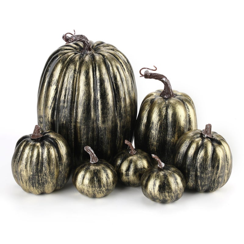 WESAPPINC WESAPPINC Artificial Pumpkins 14PCS White Fake Pumpkins Assorted Pumpkins Large Faux Harvest Pumpkins for Autumn Thanksgiving Halloween Seasonal Holiday Decor Decoration (7pcs Gold Brush Black)  - Image 1