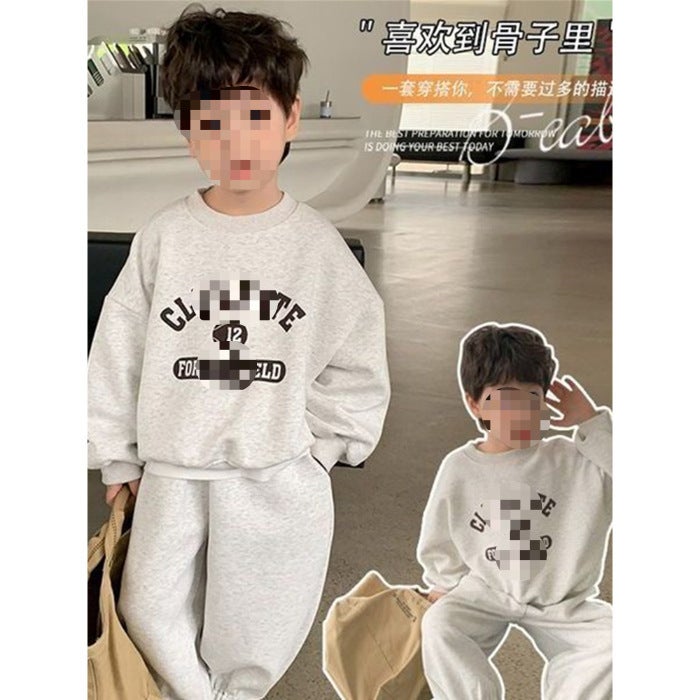 Boys 2024 Spring Autumn Korean Trendy Letter Pullover Casual Tracksuit Set Gray