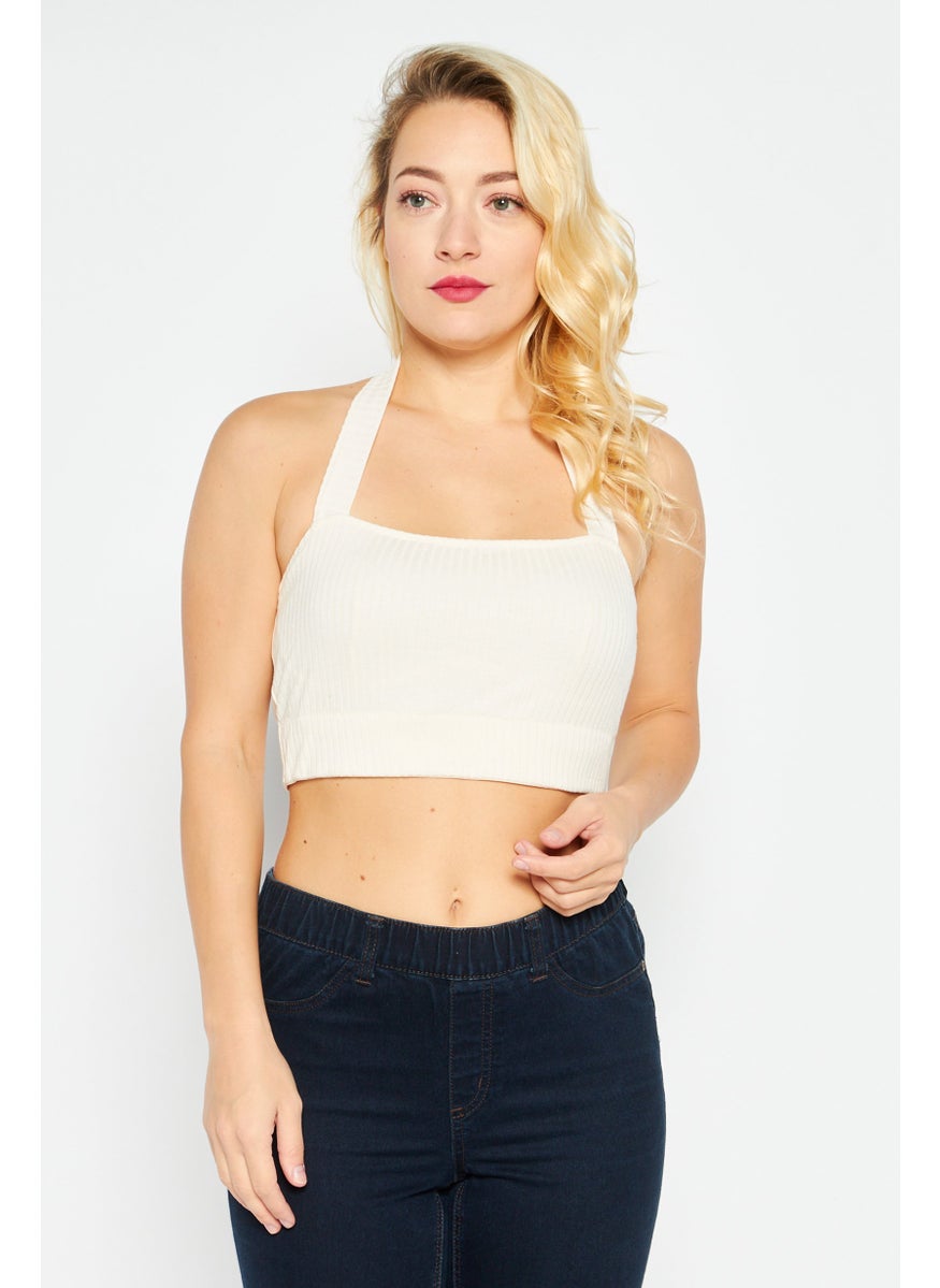 Etam Women Halter Neck Sleeveless Solid Crop Top, Cream  - Image 1