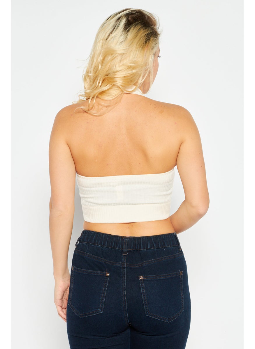 Etam Women Halter Neck Sleeveless Solid Crop Top, Cream  - Image 4