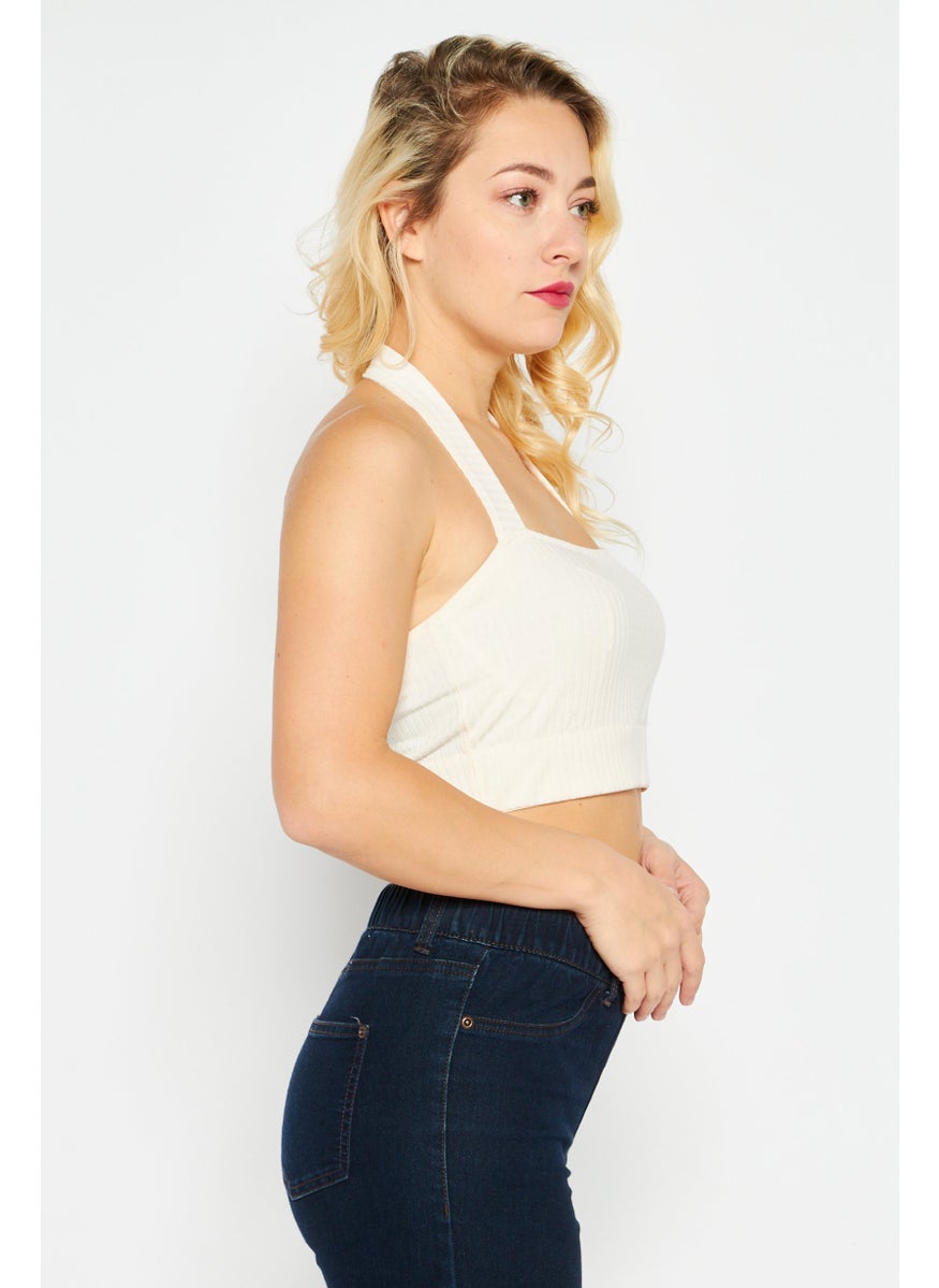 Etam Women Halter Neck Sleeveless Solid Crop Top, Cream  - Image 3