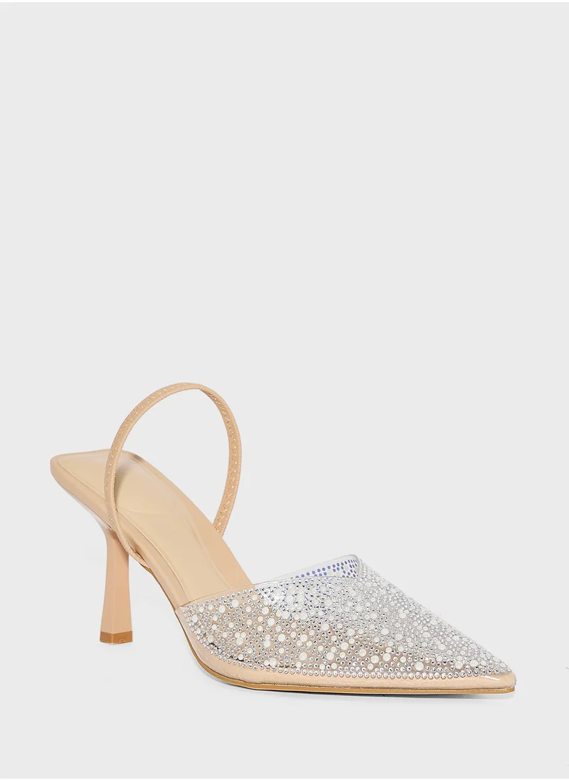 Truffle Clear Embellished Pointed Pump