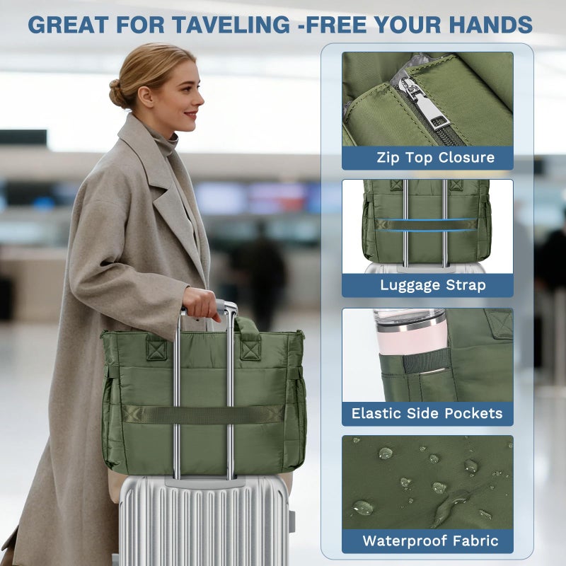 RAINSMORE Tote Bag for Women with Cup Holder, Puffer Work Bag, Laptop Handbag for Work, Travel, Teacher, Drakgreen - Image 5