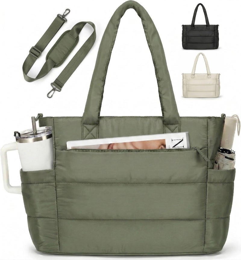 RAINSMORE Tote Bag for Women with Cup Holder, Puffer Work Bag, Laptop Handbag for Work, Travel, Teacher, Drakgreen - Image 1