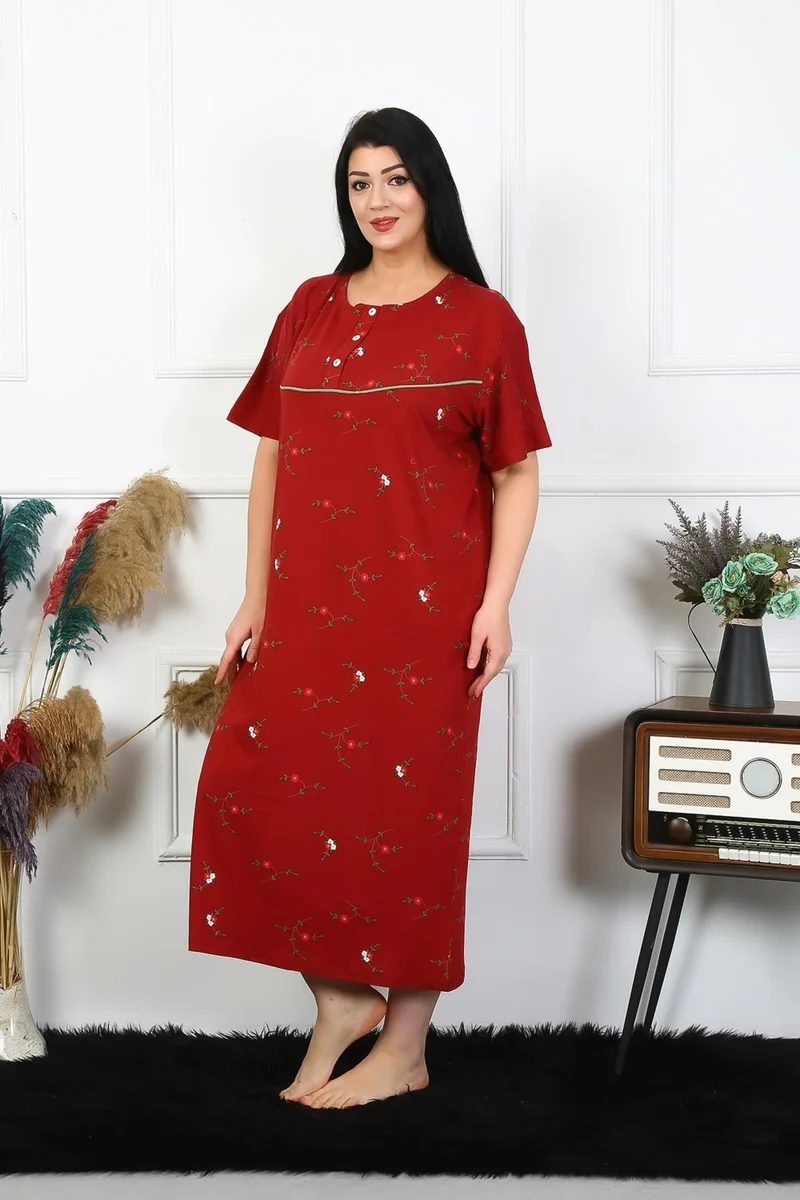 Akbeniz Women's Plus Size Short Sleeve Claret Red Mother's Nightgown 1370