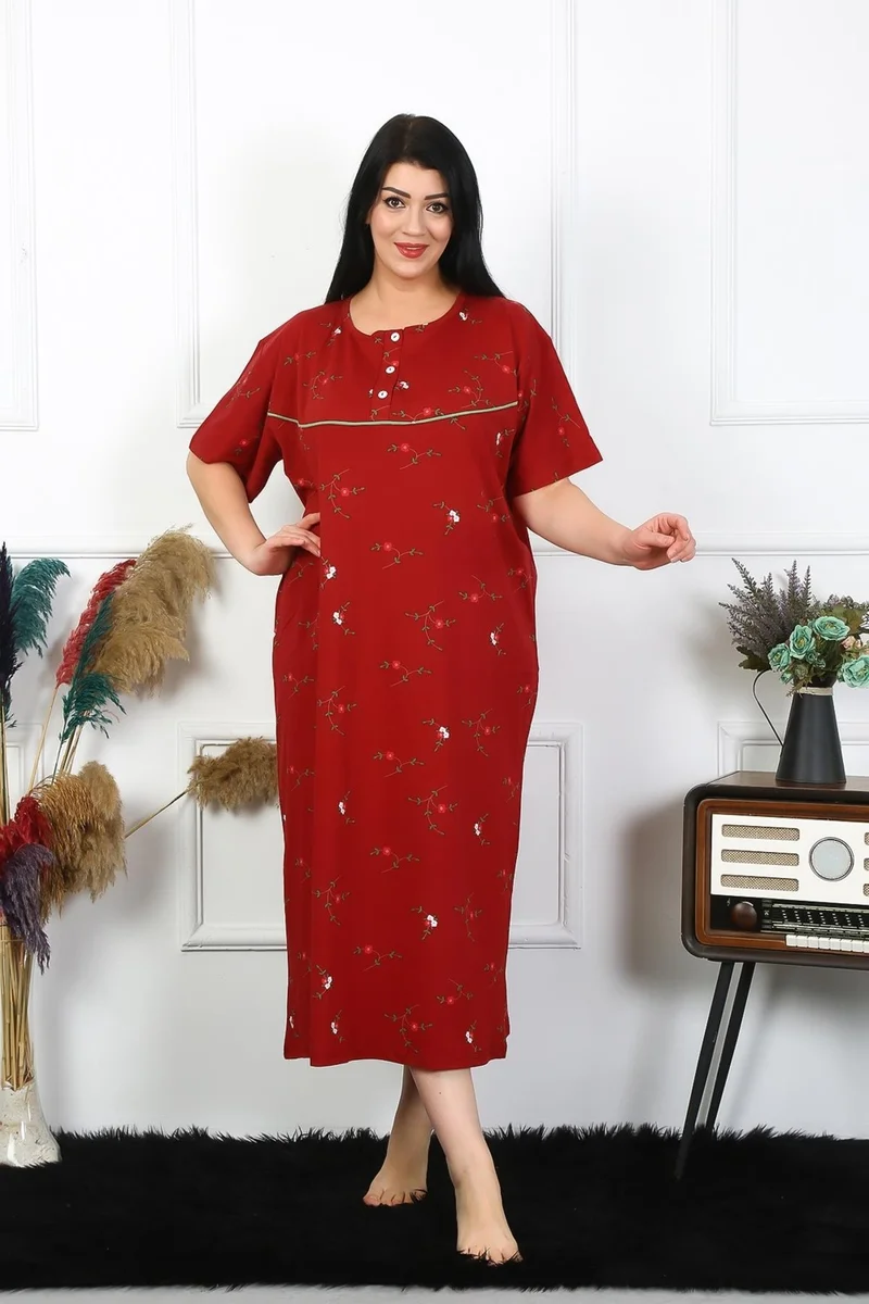 Akbeniz Women's Plus Size Short Sleeve Claret Red Mother's Nightgown 1370