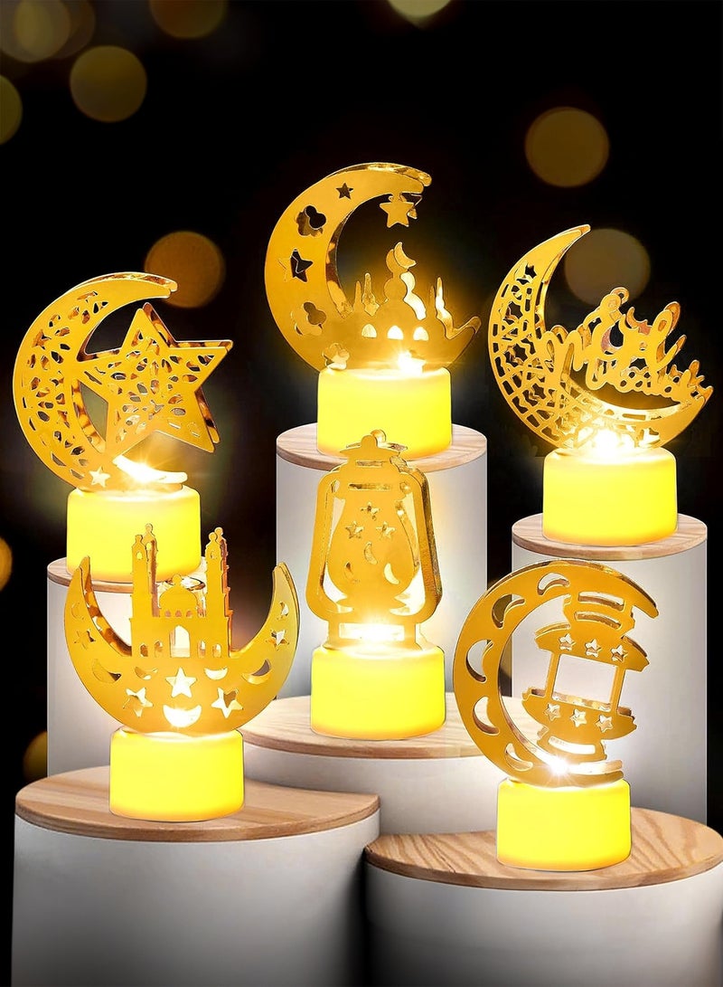 GOOGO 6 Pcs Ramadan Mini Lanterns Decoration, Eid Mubarak Candle LED Night Lights, Star and Moon Themed Candle Lamps, Ideal for Desktop Balcony Yard Eid Home Table Party Supplies Indoor & Outdoor Use - Image 1