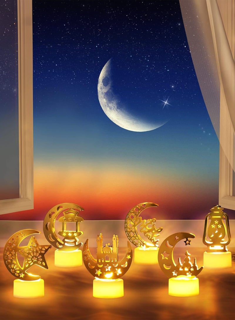GOOGO 6 Pcs Ramadan Mini Lanterns Decoration, Eid Mubarak Candle LED Night Lights, Star and Moon Themed Candle Lamps, Ideal for Desktop Balcony Yard Eid Home Table Party Supplies Indoor & Outdoor Use - Image 3