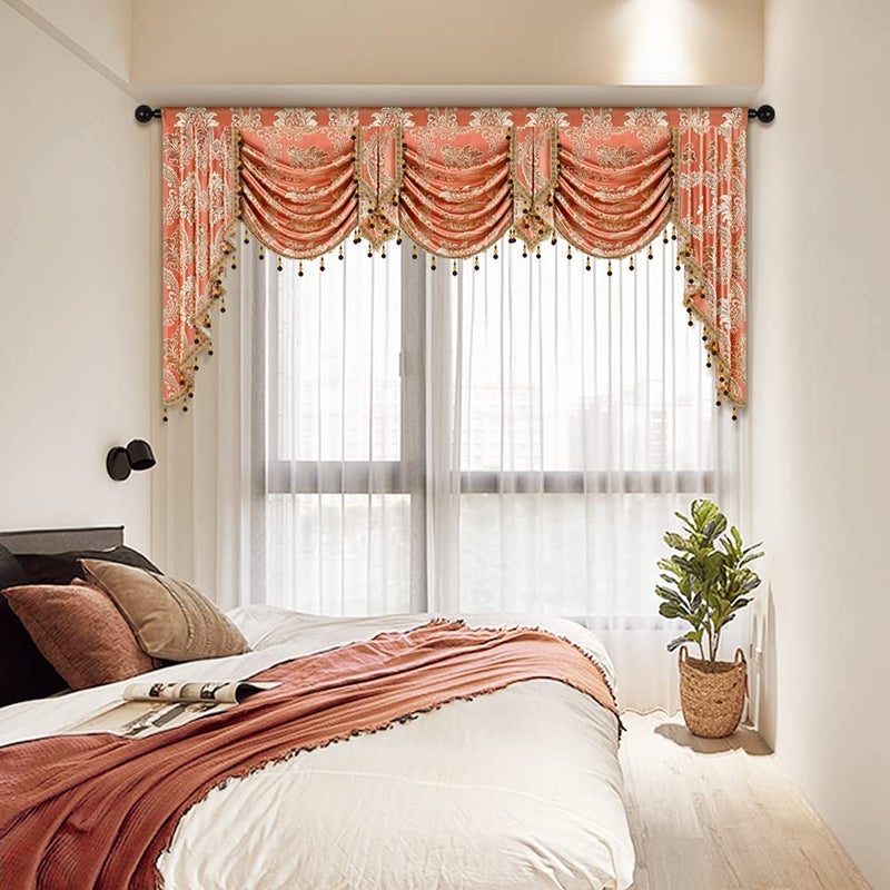 ELKCA Jacquard Waterfall Valance for Living Room Damask Coffee Curtain Valance for Kitchen1 PanelDamaskCoffee W98 Inch