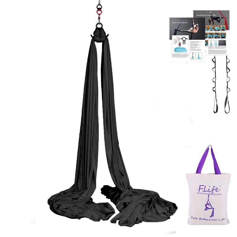 FLife Aerial Silk Yoga Hammock Strater Kit 10 Yards For Flying Yoga Black