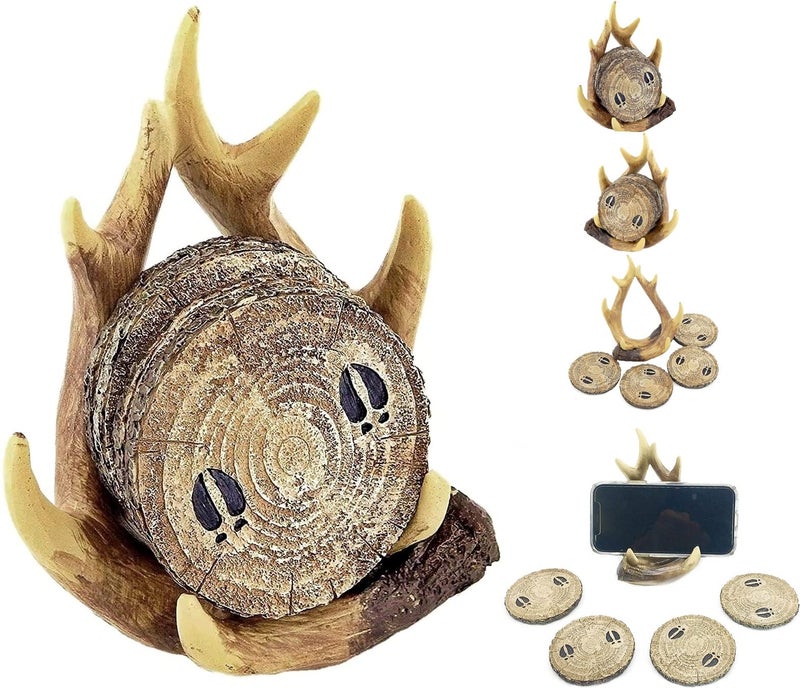 Bellaa 23295 Drink Coasters Set Deer Antler Table Beverage Holder Set 5 Pcs Outdoors Rustic Old West Home Decor Cabin Theme Lodge Mountain Man Cave Art