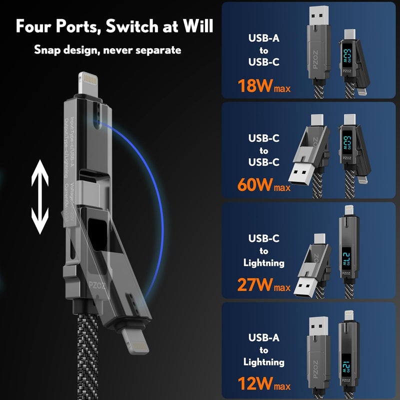 Pzoz 4 in 1 Multi Charging Cable 1.5M, 60W PD Fast Charging Cord with LED Display, USB C & USB A to Lightning & USB C Cable for iPhone 17/16/15/14, Samsung Galaxy - Image 2