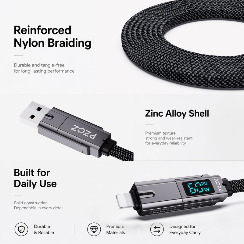 Pzoz 4 in 1 Multi Charging Cable 1.5M, 60W PD Fast Charging Cord with LED Display, USB C & USB A to Lightning & USB C Cable for iPhone 17/16/15/14, Samsung Galaxy - Image 5