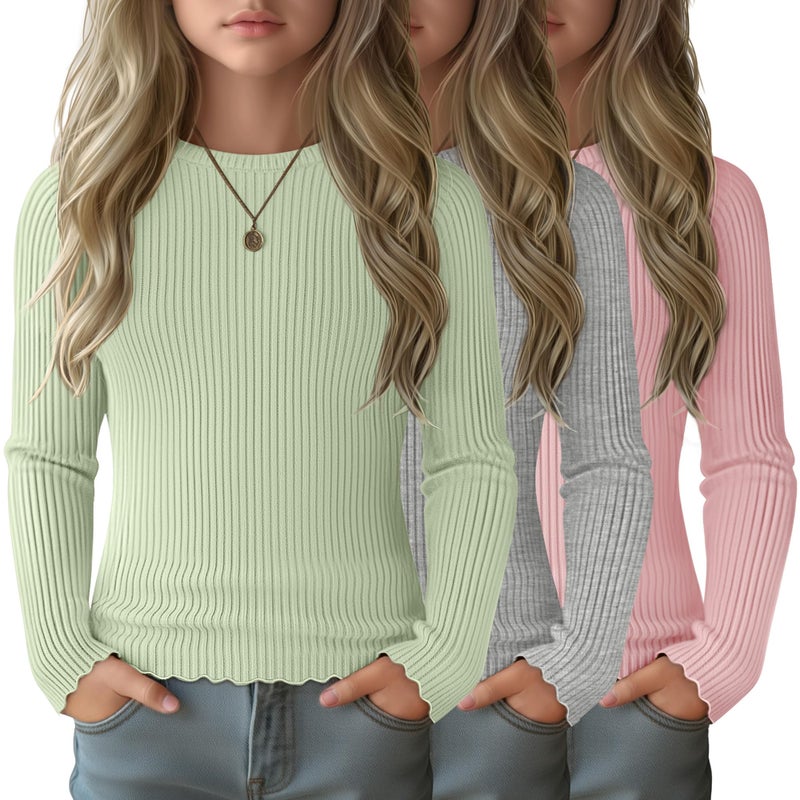 LessonZoo 3 Pack Girls' Long Sleeve Tops Crewneck Ribbed Tees Shirt Cotton Lettuce Trim Cute Undershirt Base Layering(Light Pink, Gray, Light Green,7-8 Years) - Image 1
