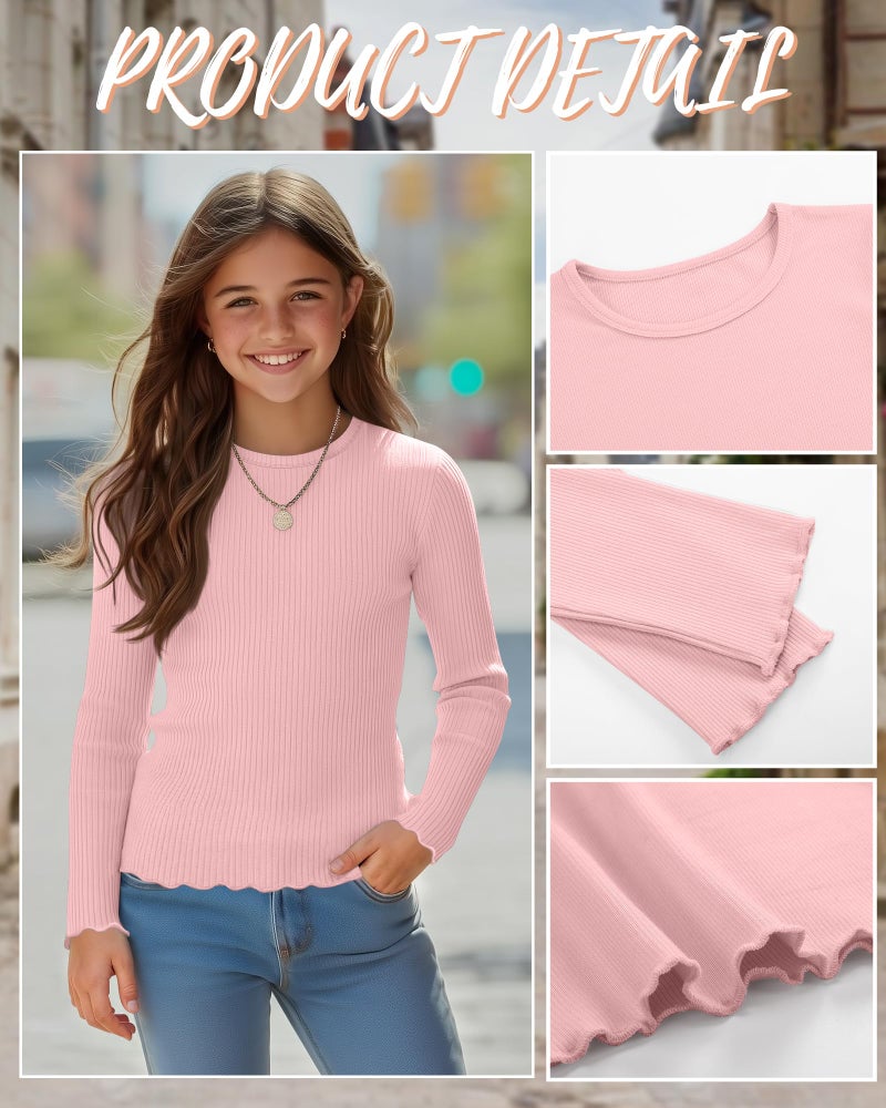 LessonZoo 3 Pack Girls' Long Sleeve Tops Crewneck Ribbed Tees Shirt Cotton Lettuce Trim Cute Undershirt Base Layering(Light Pink, Gray, Light Green,7-8 Years) - Image 5