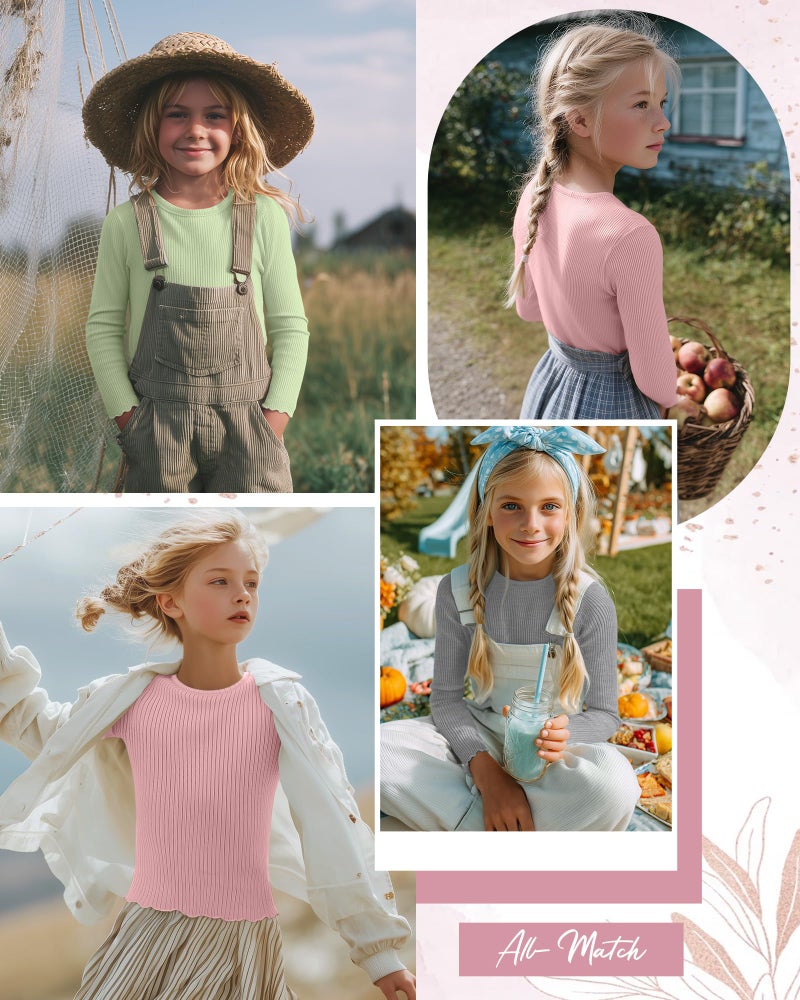 LessonZoo 3 Pack Girls' Long Sleeve Tops Crewneck Ribbed Tees Shirt Cotton Lettuce Trim Cute Undershirt Base Layering(Light Pink, Gray, Light Green,7-8 Years) - Image 2