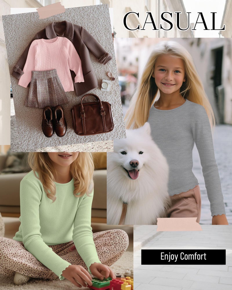 LessonZoo 3 Pack Girls' Long Sleeve Tops Crewneck Ribbed Tees Shirt Cotton Lettuce Trim Cute Undershirt Base Layering(Light Pink, Gray, Light Green,7-8 Years) - Image 4