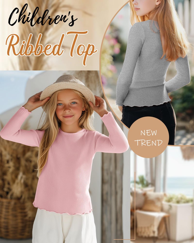 LessonZoo 3 Pack Girls' Long Sleeve Tops Crewneck Ribbed Tees Shirt Cotton Lettuce Trim Cute Undershirt Base Layering(Light Pink, Gray, Light Green,7-8 Years) - Image 3