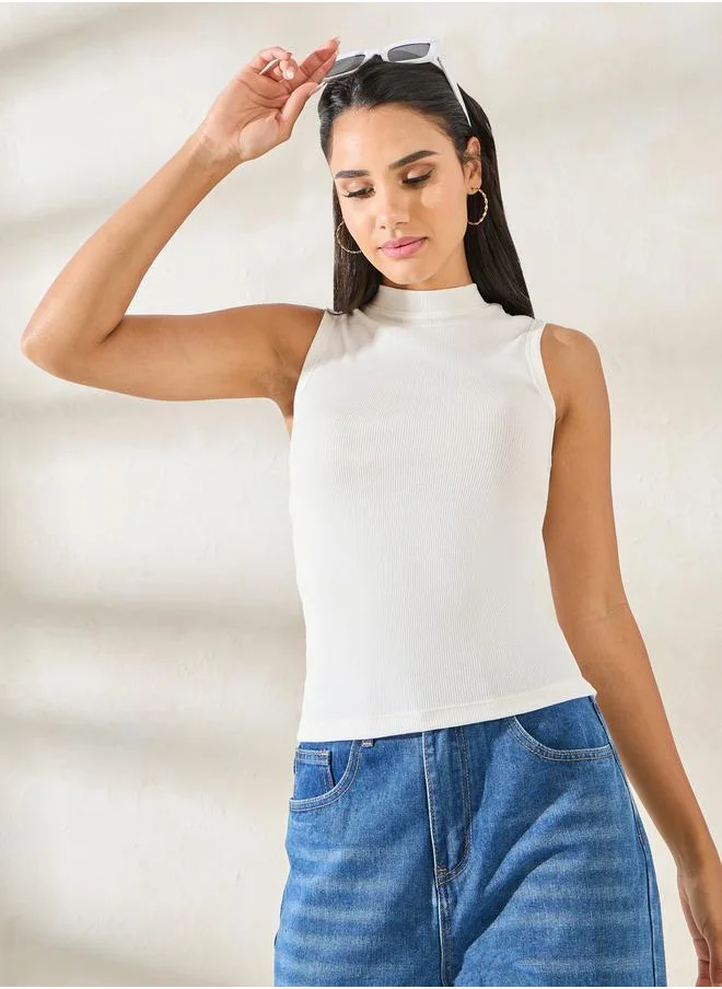 Styli Ribbed High Neck Fitted Tank Top
