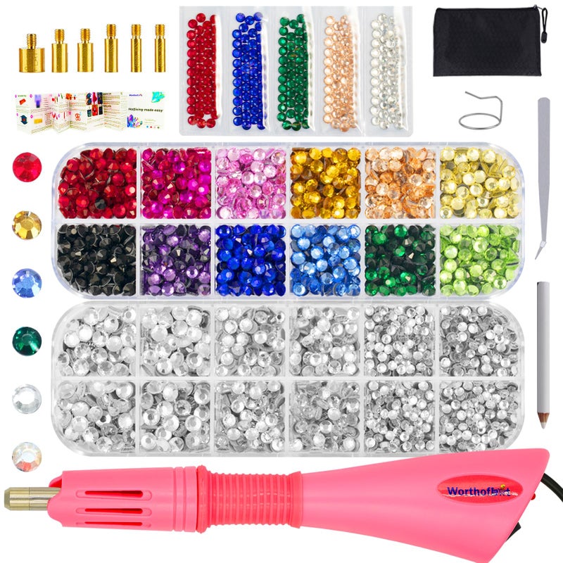Worthofbest Hotfix Applicator with 3400 Pcs Hot Fix Rhinestones, Bedazzler Kit with Rhinestones, Bedazzle Gun for Clothing, Clothes, Fabric, Leather - 3mm 4mm 5mm SS10 SS16 SS20 - Washable | Zipper Bag  - Image 1