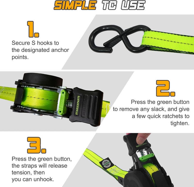 STARLEAPARTS Retractable Ratchet Straps (4PK 1.0INX12FT) - 1,500lb Break Strength, Heavy Duty with Rubber Coated Handle - Image 4