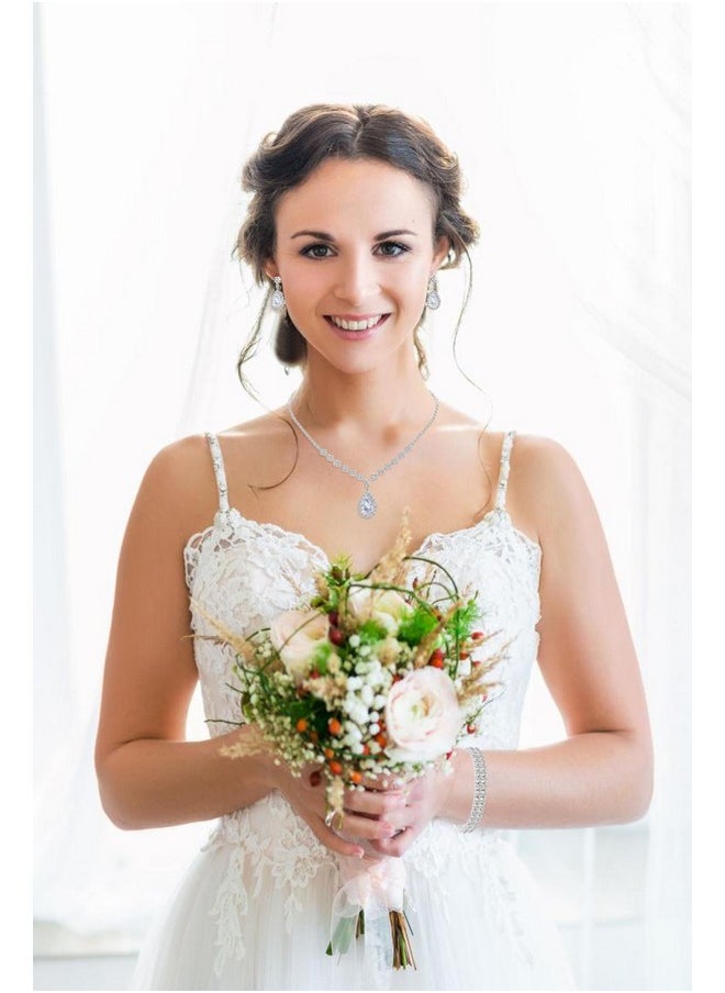 Paxuan - Silver / Gold Rhinestone Crystal Wedding Bridal Bridesmaids Earrings Bracelet Set For Women Brides Bridesmaids Crystal Rhinestone Bracelet Earrings Set For Wedding Bridal Prom Pageant (Style1 - Necklace + Earrings + Bracelet(Silver Plated White Cubic Zirconia)) - Image 1