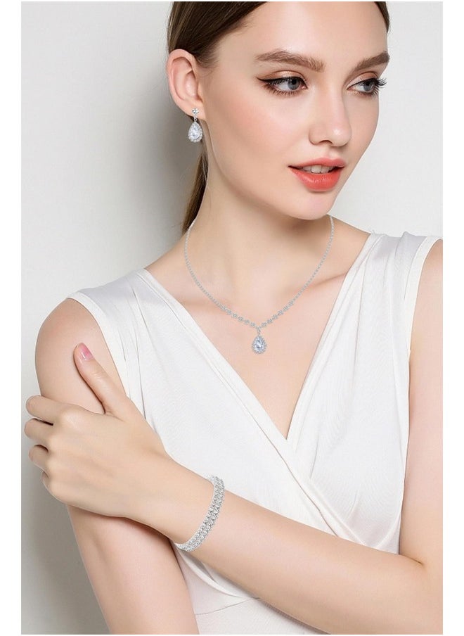 Paxuan - Silver / Gold Rhinestone Crystal Wedding Bridal Bridesmaids Earrings Bracelet Set For Women Brides Bridesmaids Crystal Rhinestone Bracelet Earrings Set For Wedding Bridal Prom Pageant (Style1 - Necklace + Earrings + Bracelet(Silver Plated White Cubic Zirconia)) - Image 1