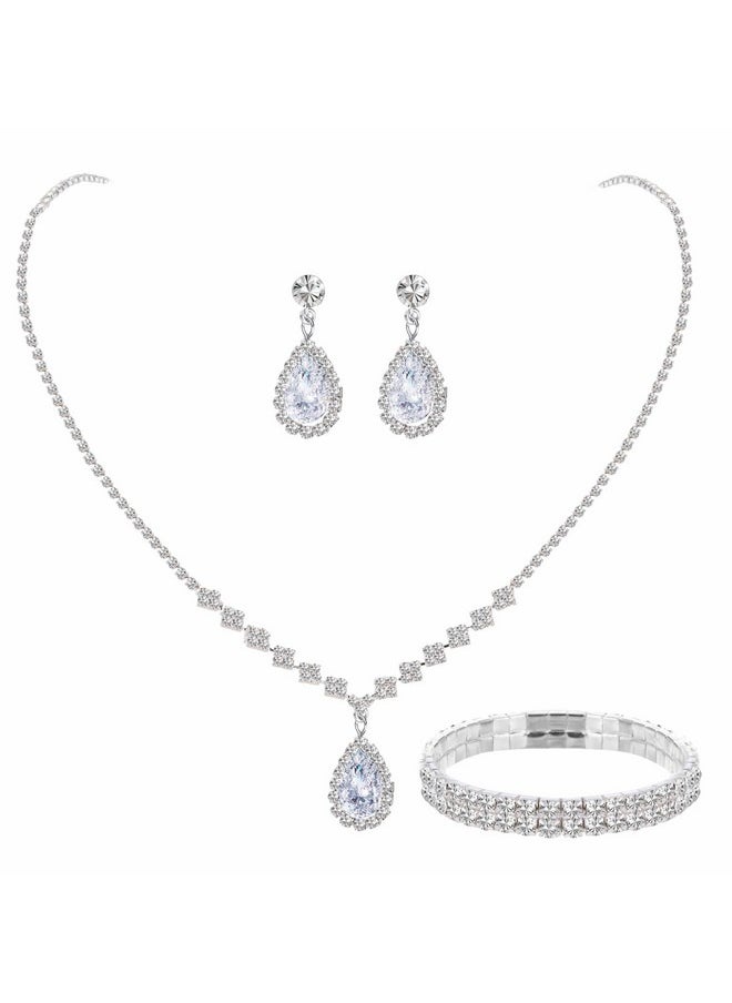 Paxuan - Silver / Gold Rhinestone Crystal Wedding Bridal Bridesmaids Earrings Bracelet Set For Women Brides Bridesmaids Crystal Rhinestone Bracelet Earrings Set For Wedding Bridal Prom Pageant (Style1 - Necklace + Earrings + Bracelet(Silver Plated White Cubic Zirconia)) - Image 1