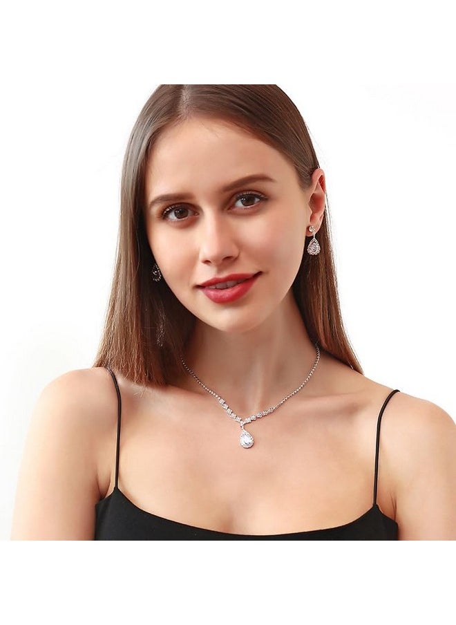 Paxuan - Silver / Gold Rhinestone Crystal Wedding Bridal Bridesmaids Earrings Bracelet Set For Women Brides Bridesmaids Crystal Rhinestone Bracelet Earrings Set For Wedding Bridal Prom Pageant (Style1 - Necklace + Earrings + Bracelet(Silver Plated White Cubic Zirconia)) - Image 1