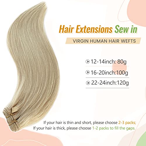 Licoville Sew in Hair Extensions Real Human Hair Platinum Real Hair Extensions Sew in Weft 14 Inch 80grams Double Weft Blonde Human Hair Hand Tied Weft Extensions for Women Can be Dyed - Image 3