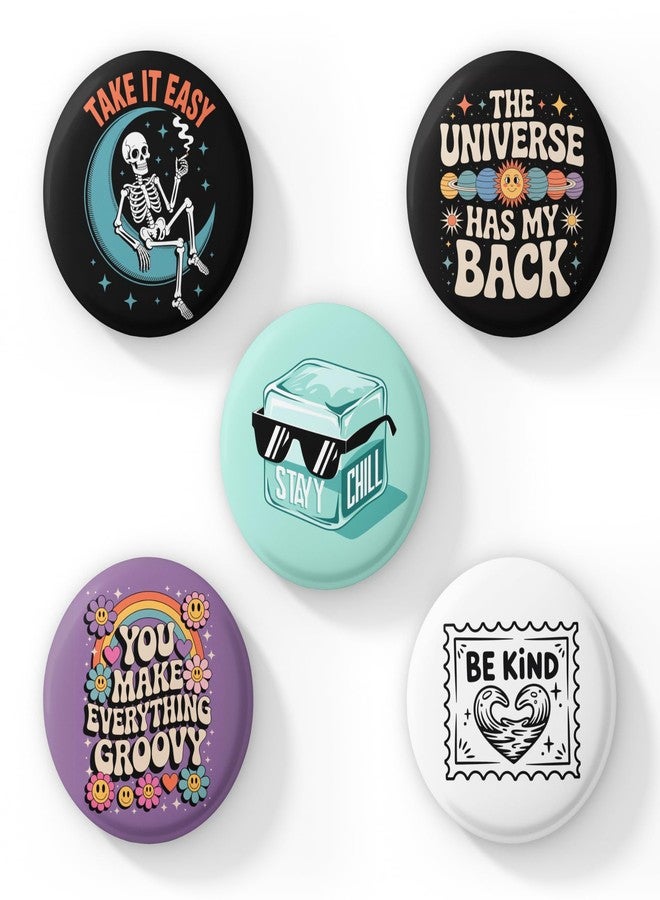 TRAVULLS Quirky Motivational Button Badges - Retro Aesthetic Designs | Stay Chill, Take It Easy, Be Kind, Universe Has My Back, Groovy Vibes | Backpack & Jacket Pins for Teens & Adults | Set of 5 Quirky Motivational Button Badges