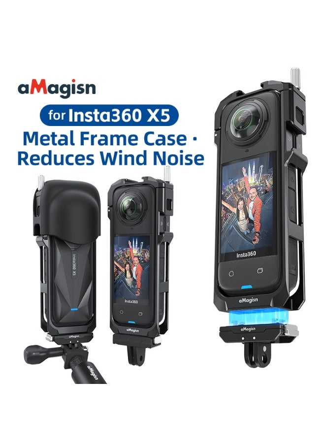 aMagisn Insta360 X5 Metal Cage Frame with Wind Noise Reduction & Lens Protector – Quick Release Expansion Mount, Dual Cold Shoe, 1/4 Screw, Silicone Cap – Action Camera Protective Frame Accessory - Image 2