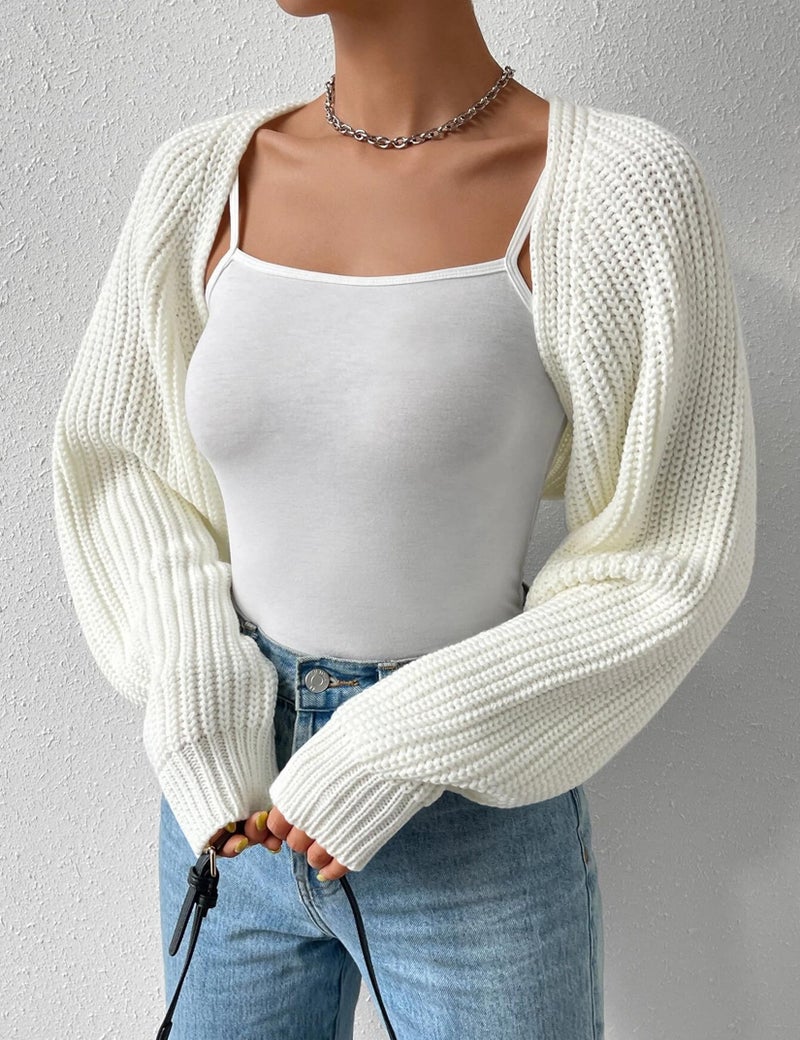 SECRETEYARD Women's Long Sleeve Open Front Knitted Crop Cardigan Drop Shoulder Knit Bolero Shrug Sweater Off-White - Image 2