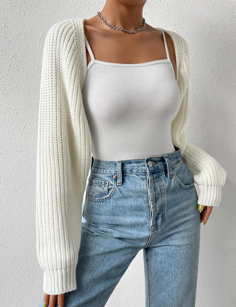 SECRETEYARD Women's Long Sleeve Open Front Knitted Crop Cardigan Drop Shoulder Knit Bolero Shrug Sweater Off-White - Image 3