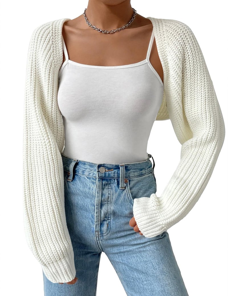 SECRETEYARD Women's Long Sleeve Open Front Knitted Crop Cardigan Drop Shoulder Knit Bolero Shrug Sweater Off-White - Image 1