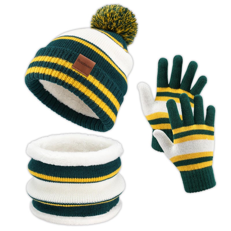 Bessteven Kids Winter Hat Gloves Scarf Set: Girls Boys Children Beanie Gloves Neck Warmer Knit Set with Thick Warm Fleece Lined For 6-10 Years Old Skiing Snow Play - Yellow & Green - Image 1
