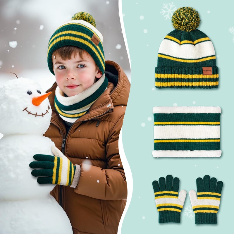Bessteven Kids Winter Hat Gloves Scarf Set: Girls Boys Children Beanie Gloves Neck Warmer Knit Set with Thick Warm Fleece Lined For 6-10 Years Old Skiing Snow Play - Yellow & Green - Image 2