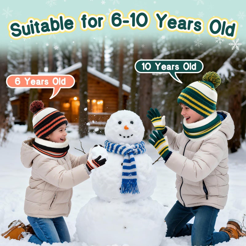 Bessteven Kids Winter Hat Gloves Scarf Set: Girls Boys Children Beanie Gloves Neck Warmer Knit Set with Thick Warm Fleece Lined For 6-10 Years Old Skiing Snow Play - Yellow & Green - Image 5