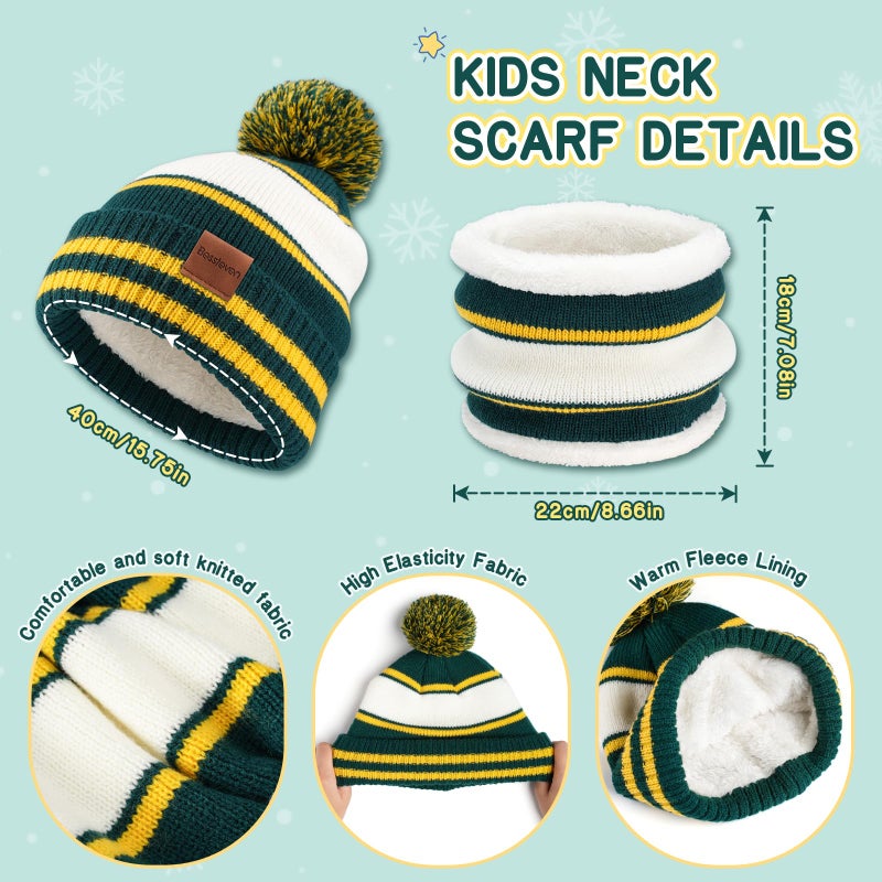 Bessteven Kids Winter Hat Gloves Scarf Set: Girls Boys Children Beanie Gloves Neck Warmer Knit Set with Thick Warm Fleece Lined For 6-10 Years Old Skiing Snow Play - Yellow & Green - Image 3